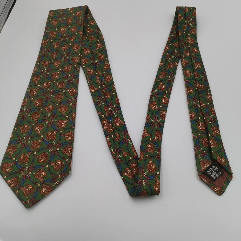 Aquascutum Tie Silk Handmade In England Necktie Horses Equestrian Green‎ Brown